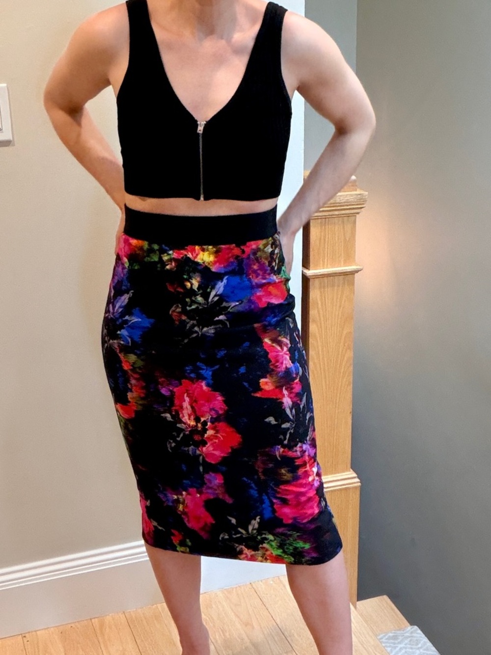 Milly Black Pencil Skirt with Vibrant Floral Print